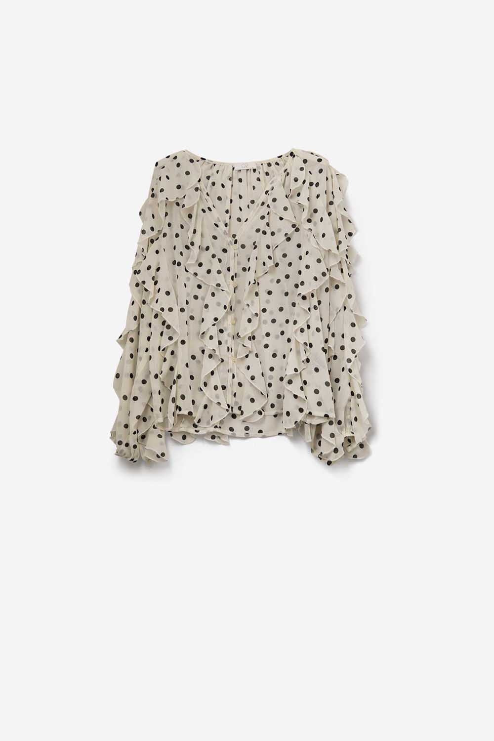Polka Dot Button-Up chiffon Shirt with Ruffles