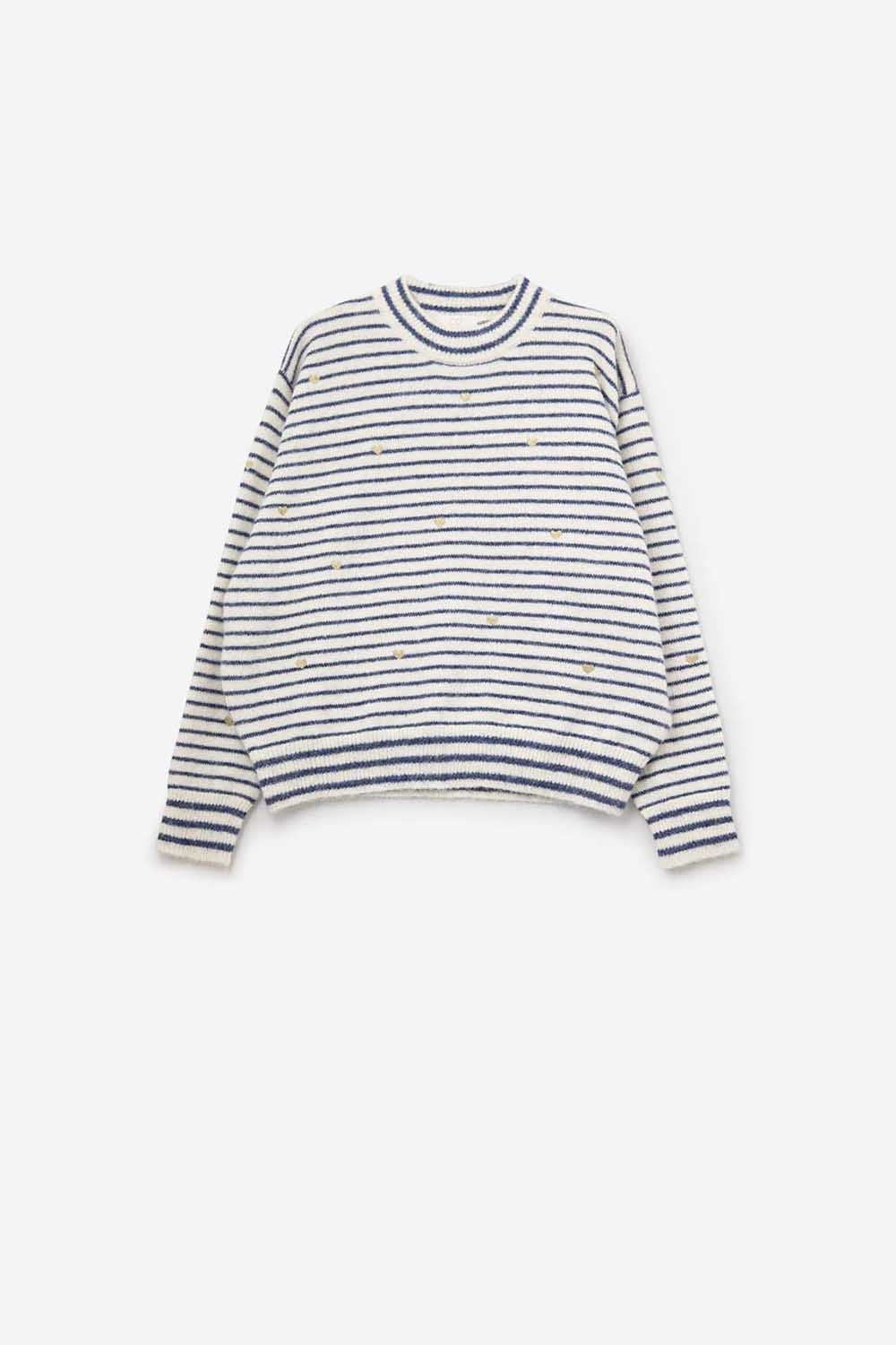 Knit Sweater with Blue Stripes and gold Heart embroidered