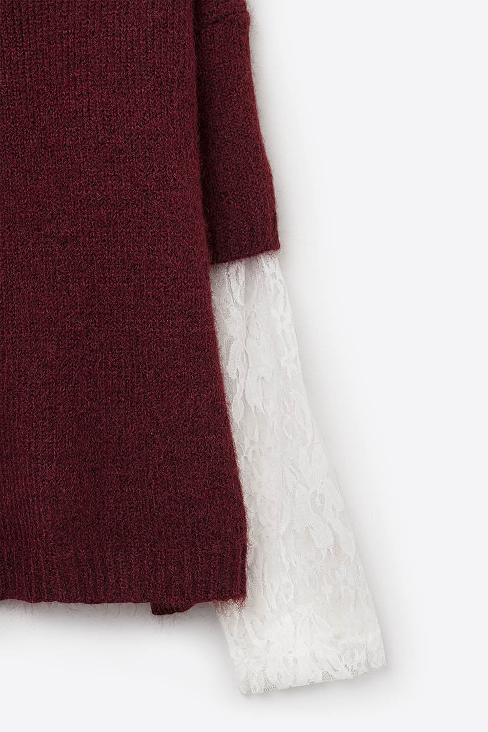 burgundy Contrast V-Neck Sweater with Contrasting White lace Sleeves