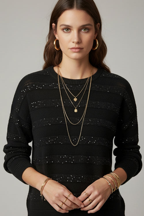 Black Striped Knit Sweater with Sequin Detail — view 1 of 4