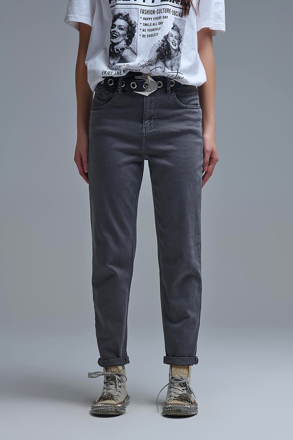 Cotton mid rise slouchy jeans in Dark Gray