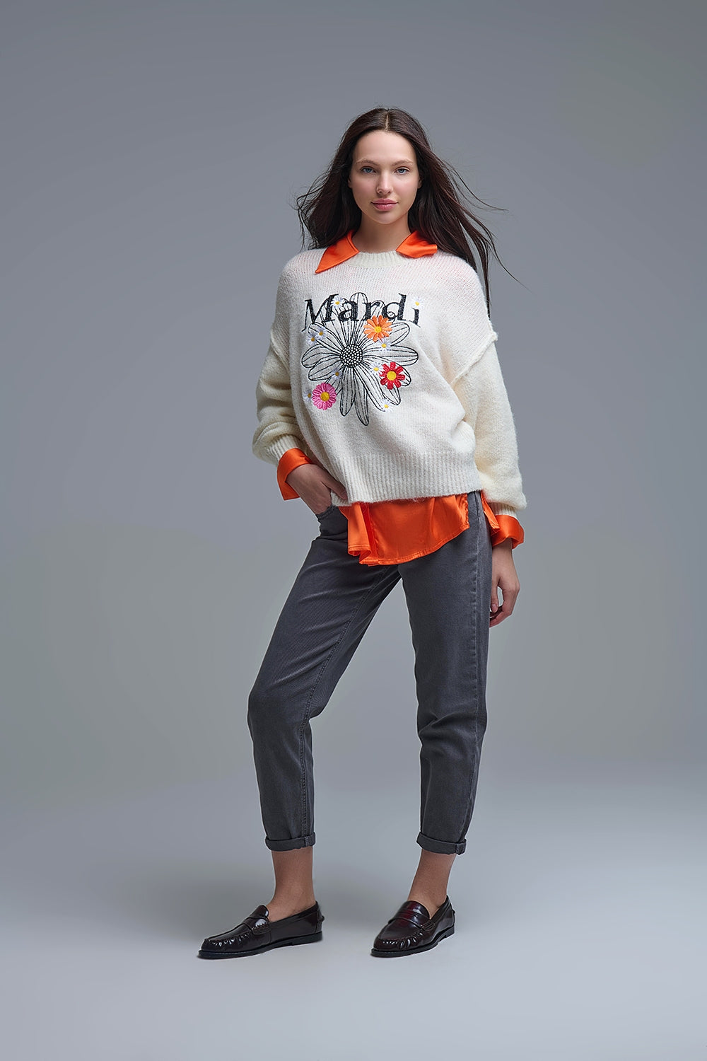 Cotton mid rise slouchy jeans in Dark Gray