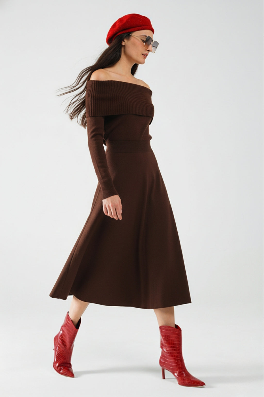 UNIKCOSA Maxi Knitted wide Bardot Dress in brown