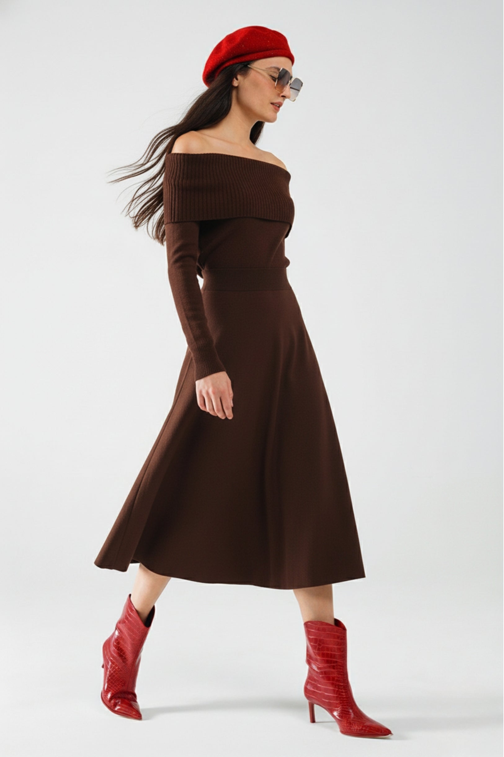 UNIKCOSA Maxi Knitted wide Bardot Dress in brown