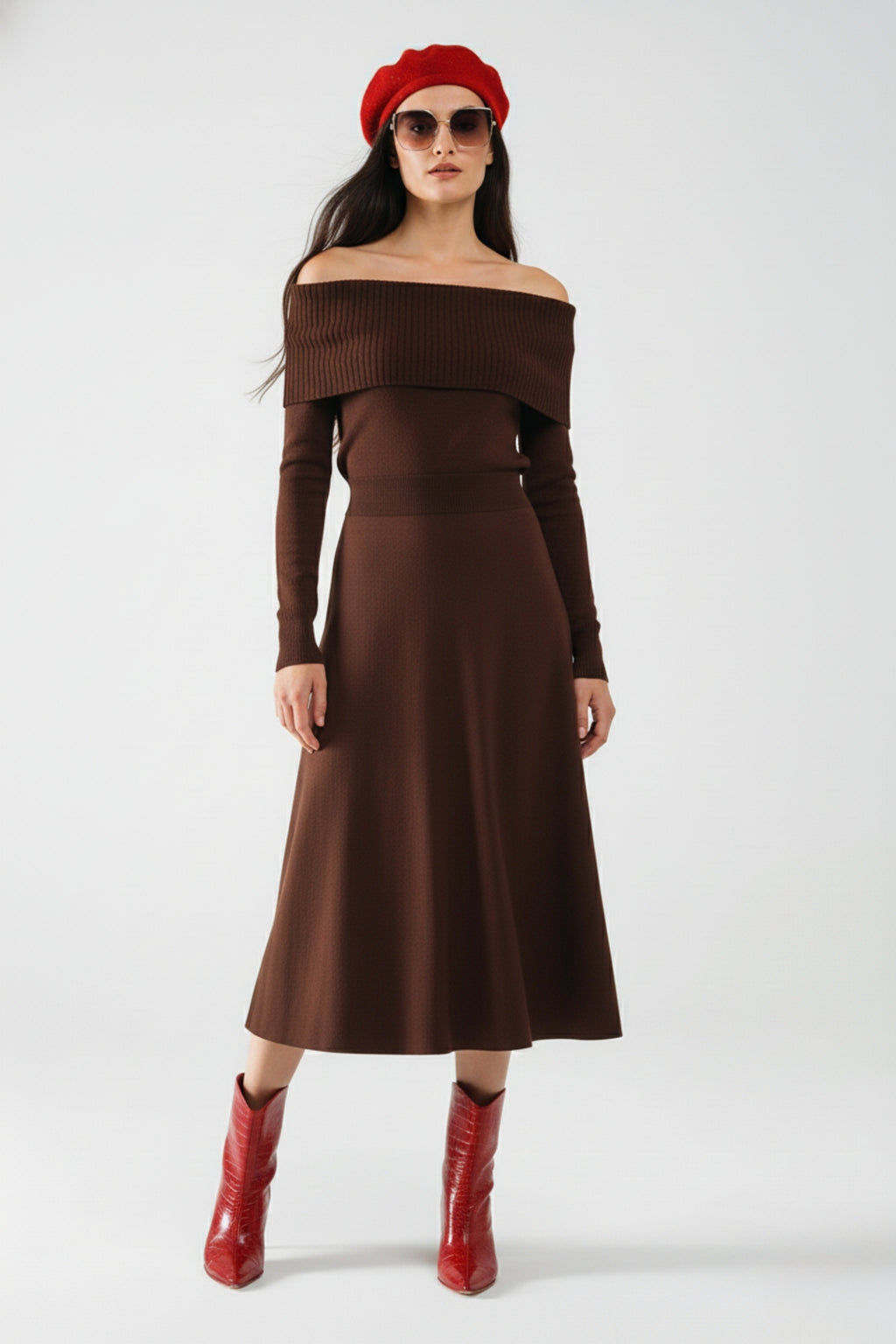 UNIKCOSA Maxi Knitted wide Bardot Dress in brown