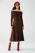 UNIKCOSA Maxi Knitted wide Bardot Dress in brown