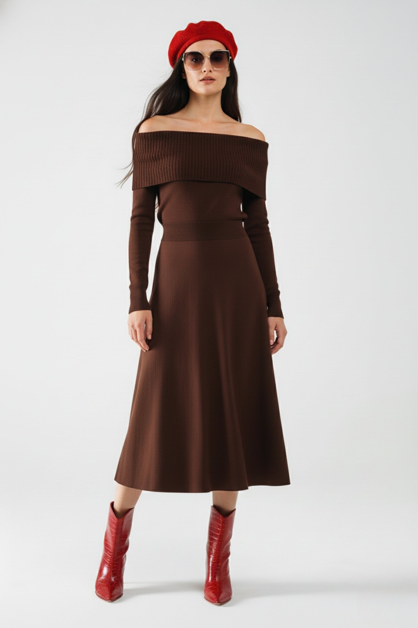 UNIKCOSA Maxi Knitted wide Bardot Dress in brown