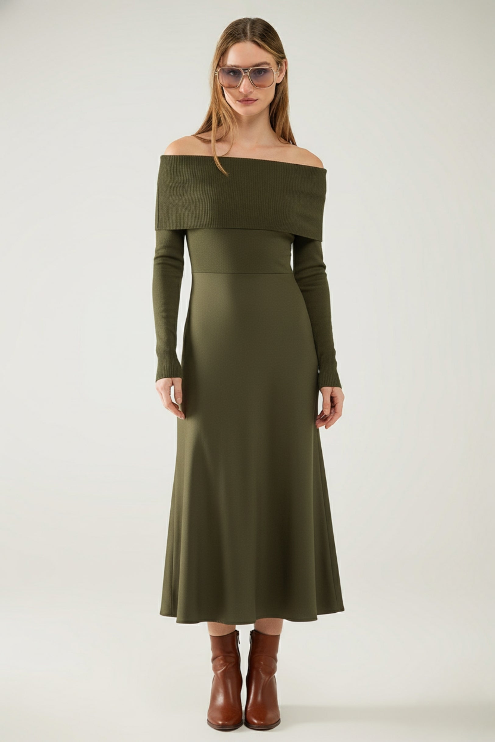 UNIKCOSA Maxi Knitted wide Bardot Dress in khaki