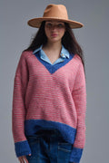 Fuchsia Striped Knit Sweater with Blue Details