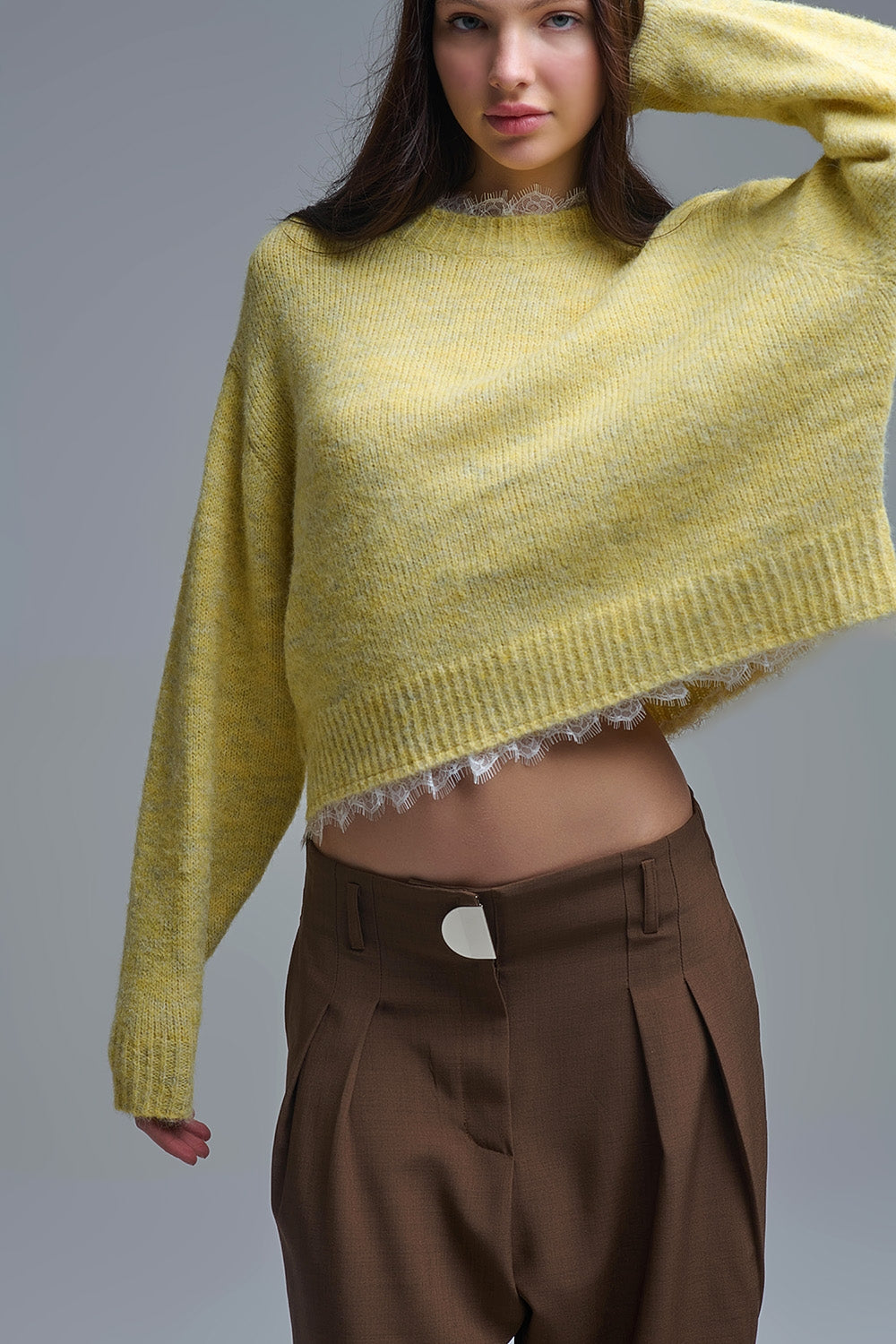 Lace Detail Relaxed Yellow Sweater