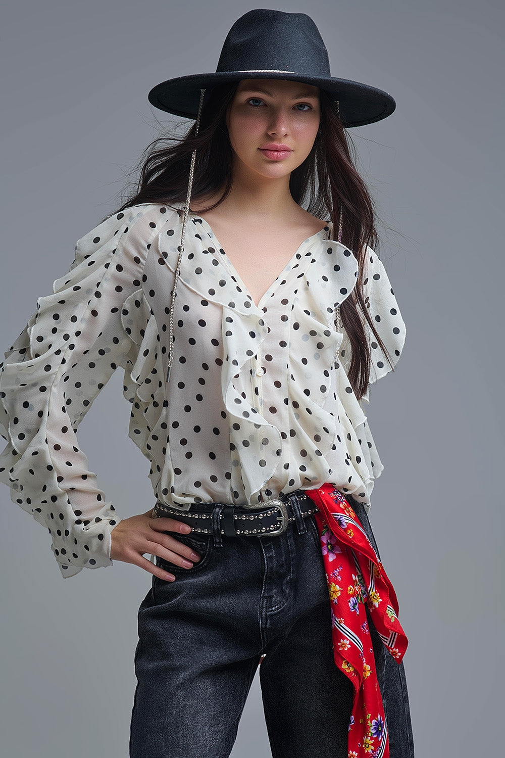 Polka Dot Button-Up chiffon Shirt with Ruffles