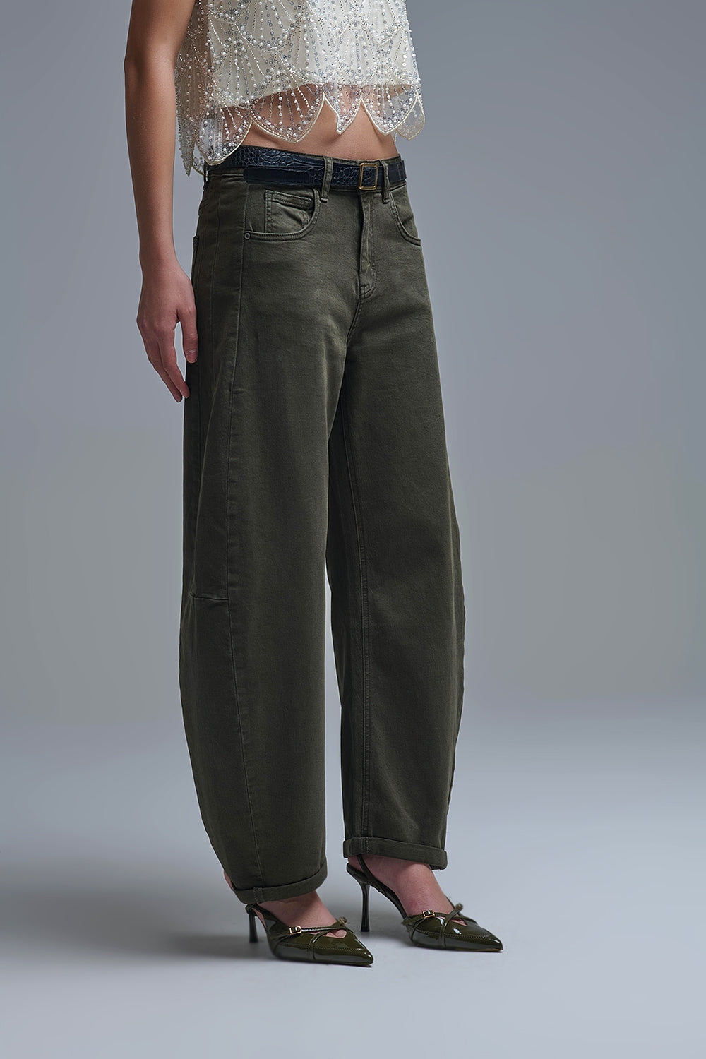 UNIKCOSA Trendy Green Barrel Balloon Jeans with Pockets