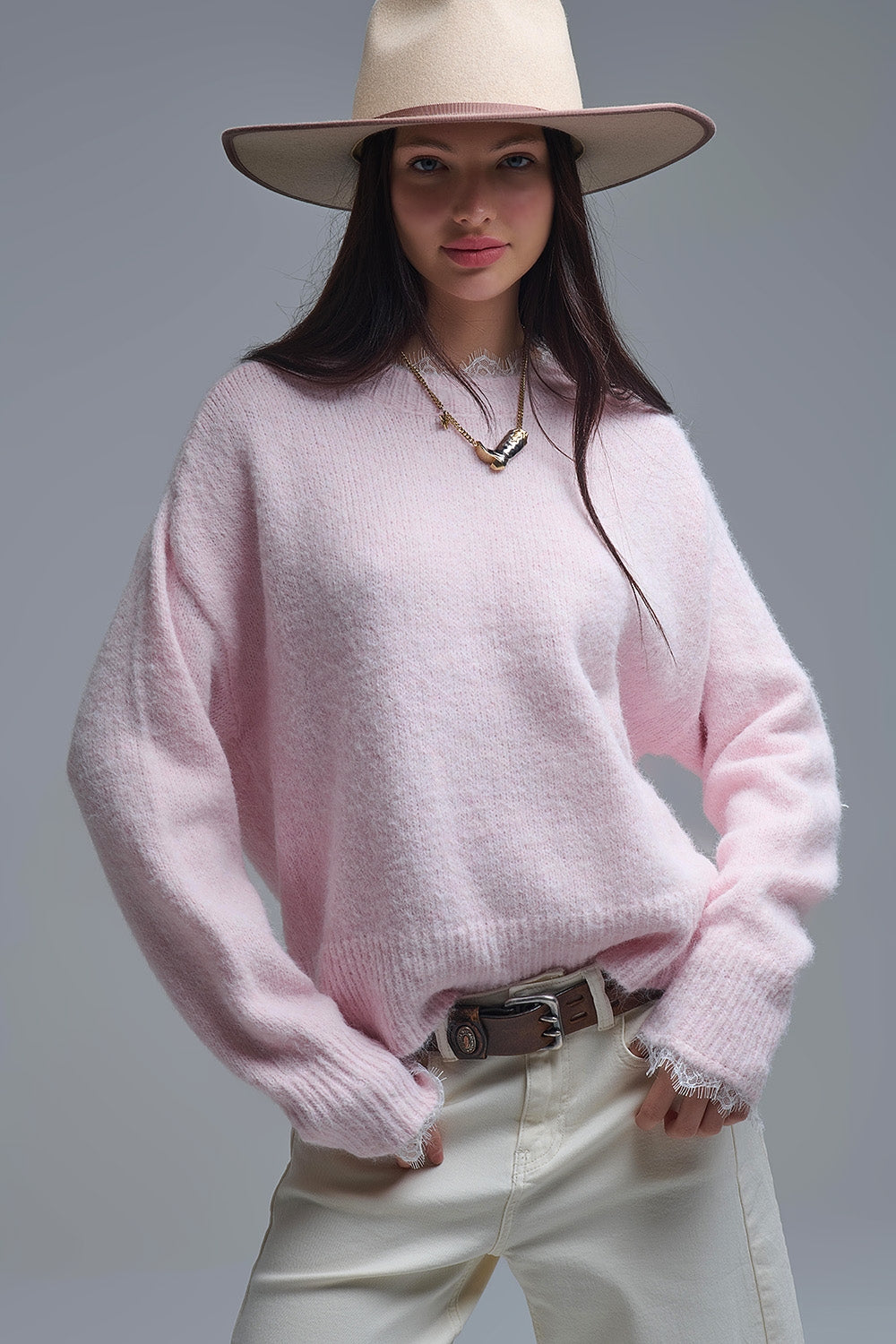 Long Oversized Pink Sweater With Lace Details at Cuffs and Neck