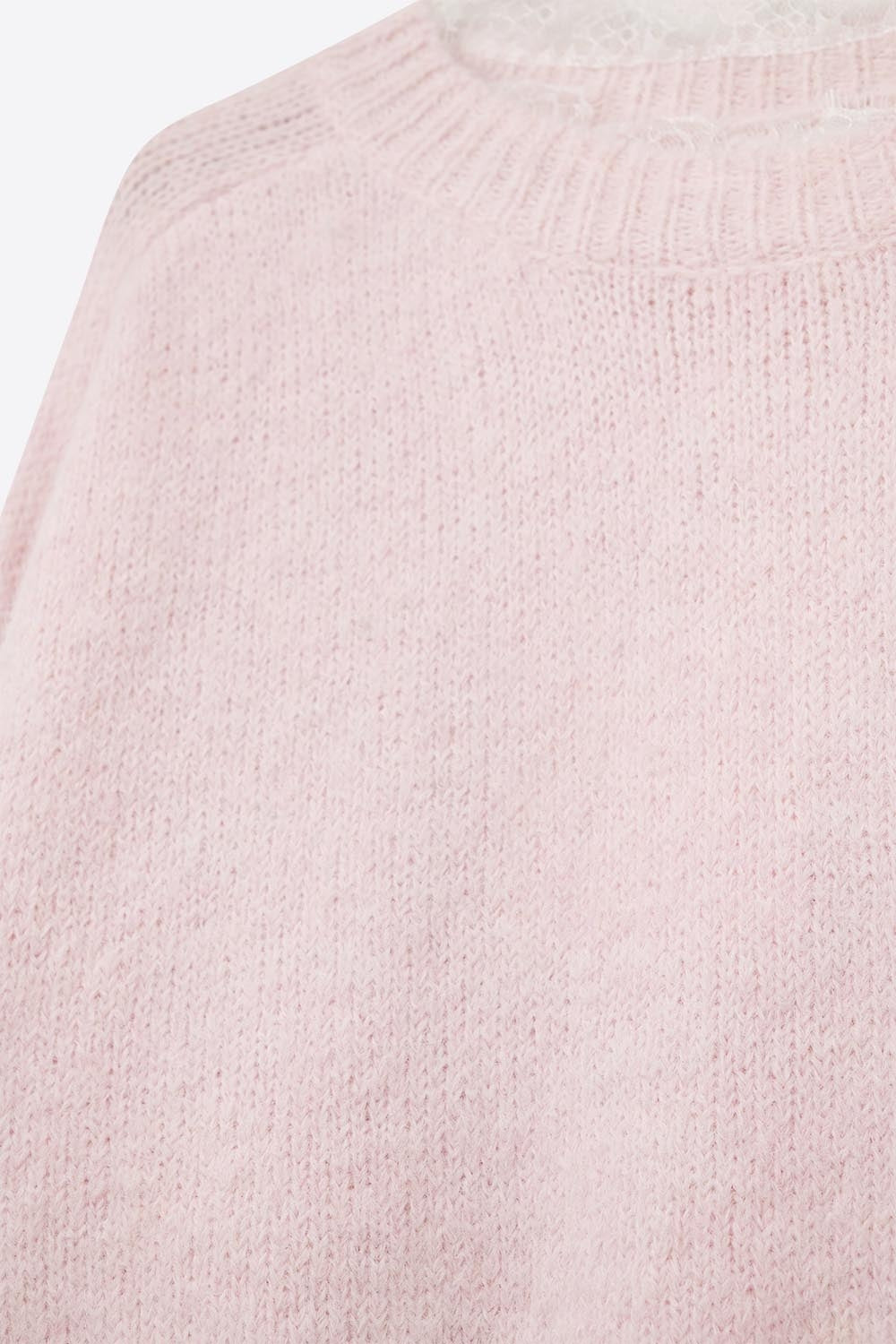 Long Oversized Pink Sweater With Lace Details at Cuffs and Neck