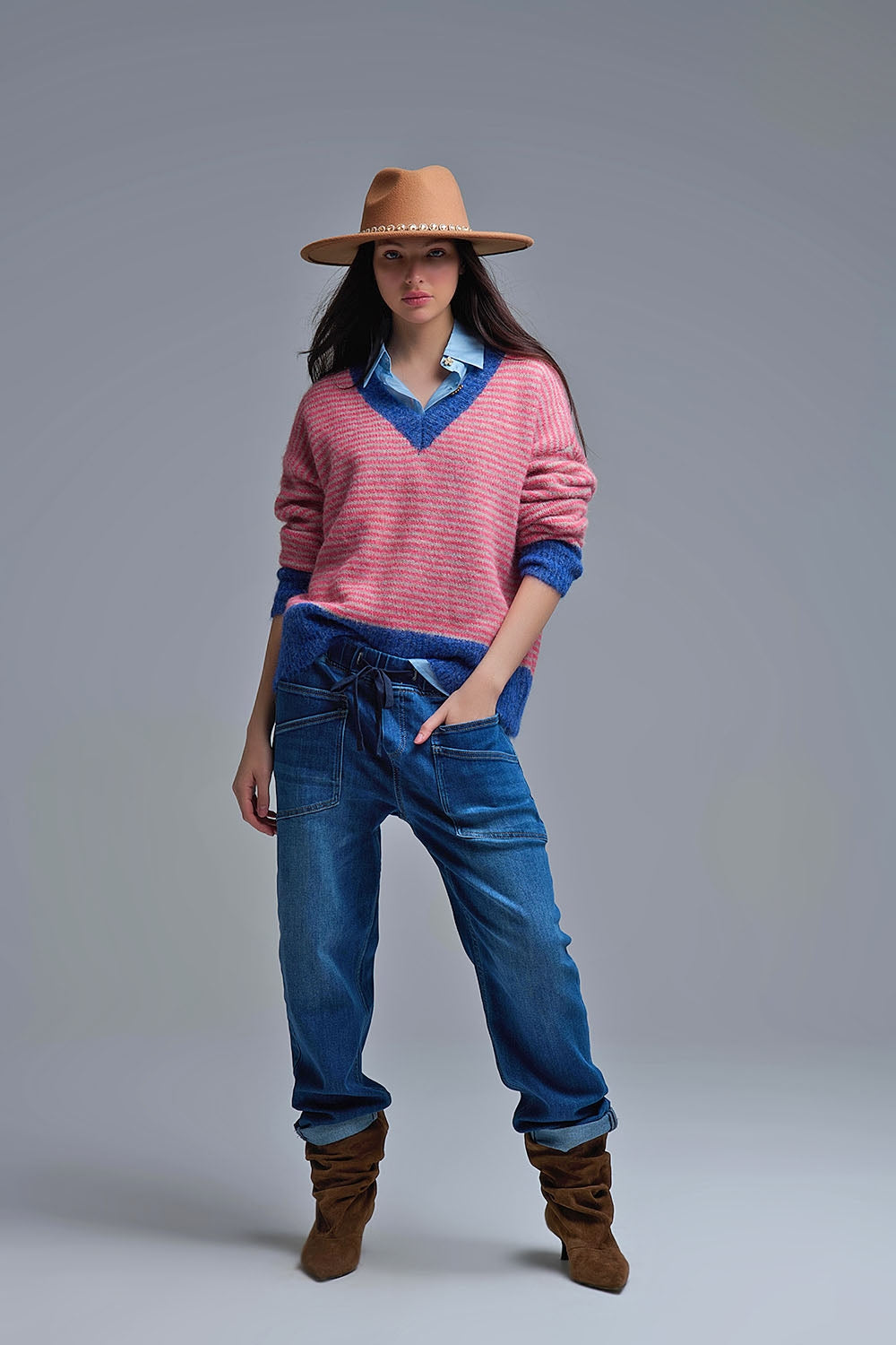 Fuchsia Striped Knit Sweater with Blue Details