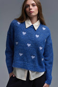 Blue Crew Neck Sweater With Striped Hearts