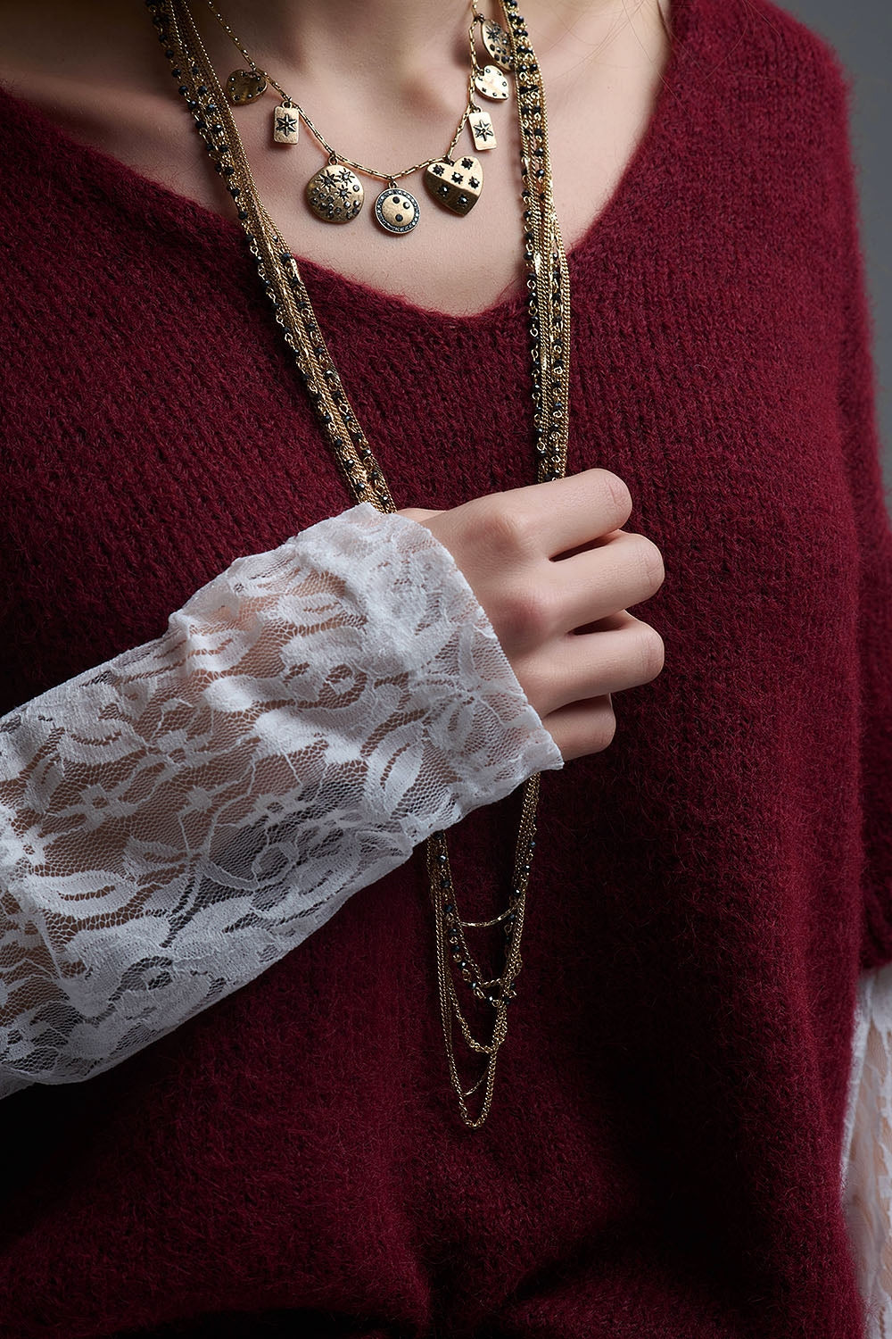 burgundy Contrast V-Neck Sweater with Contrasting White lace Sleeves