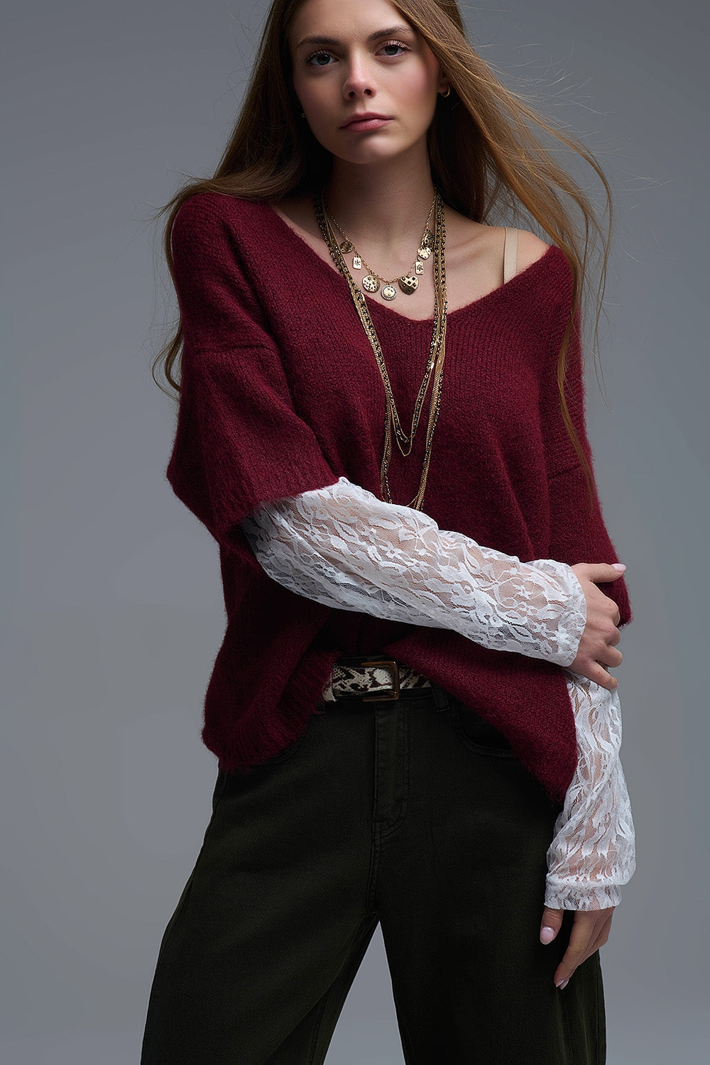 burgundy Contrast V-Neck Sweater with Contrasting White lace Sleeves