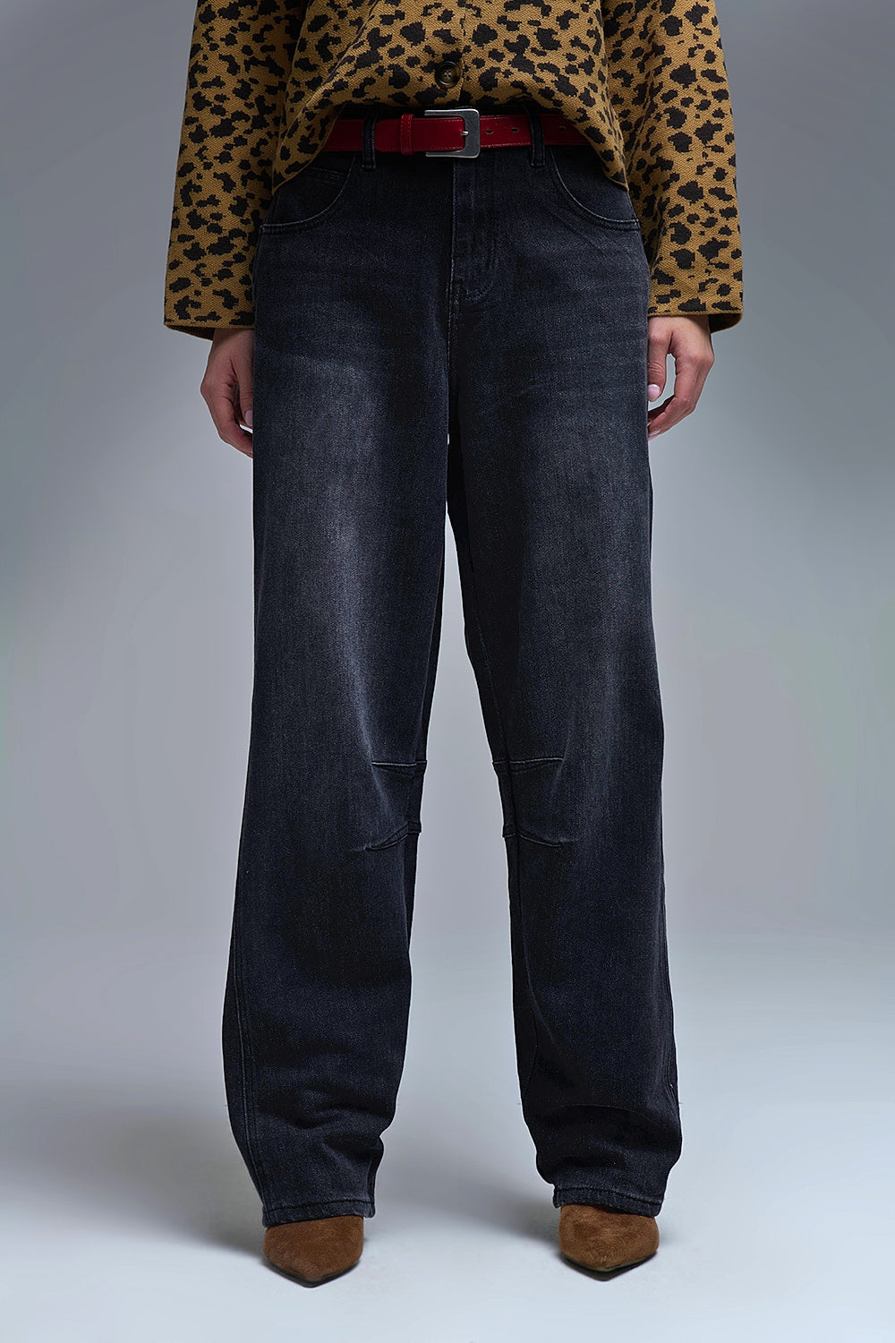 Washed Black Denim Barrel Jeans