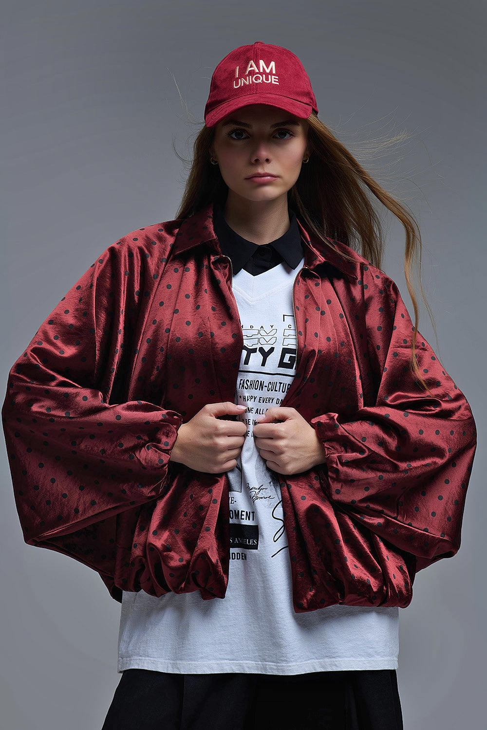 Polka Dot Satin Bommer Jacket in Burgundy