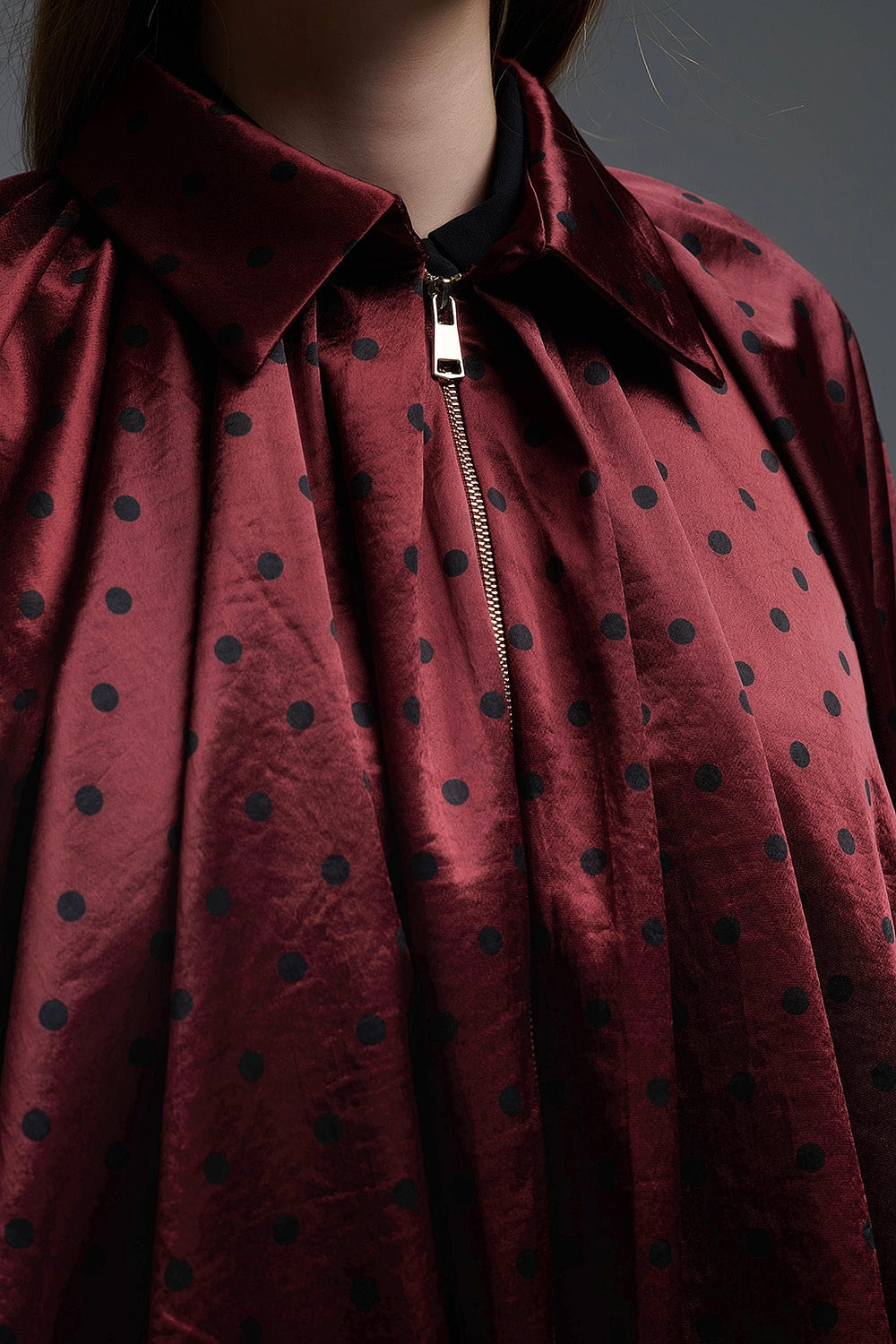 Polka Dot Satin Bommer Jacket in Burgundy
