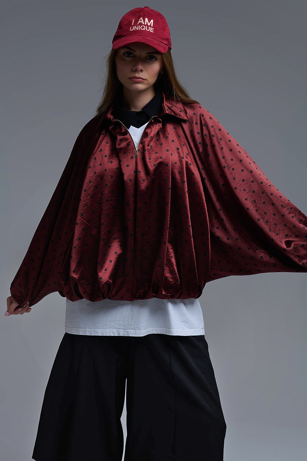 Polka Dot Satin Bommer Jacket in Burgundy