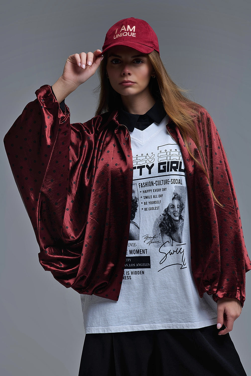 Polka Dot Satin Bommer Jacket in Burgundy