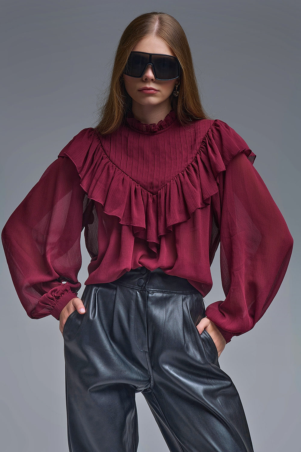 Romantic Burgundy Ruffled Long-Sleeve Blouse