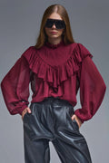 Romantic Burgundy Ruffled Long-Sleeve Blouse