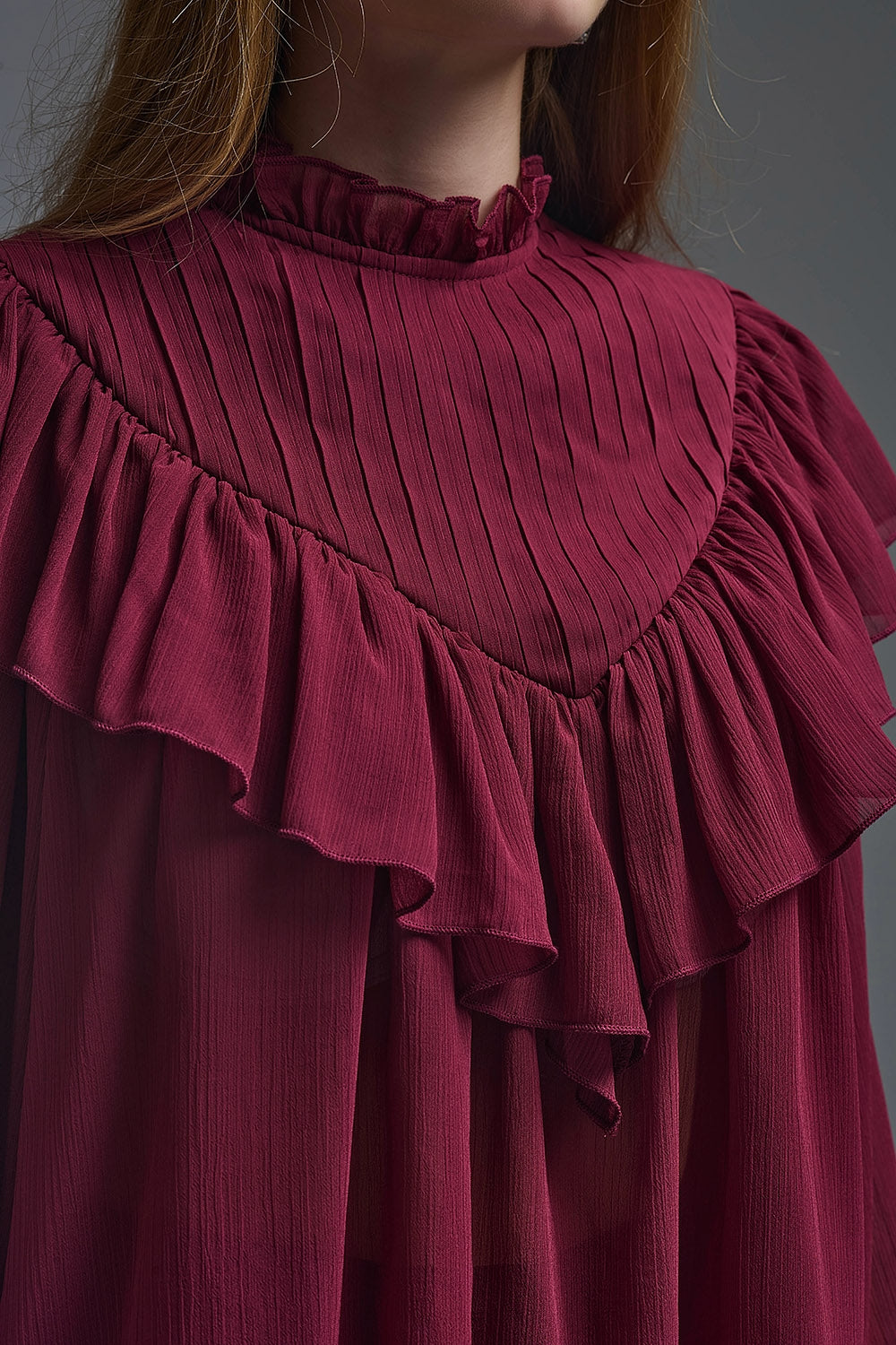Romantic Burgundy Ruffled Long-Sleeve Blouse