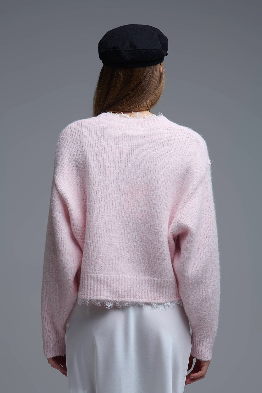 Lace Detail Relaxed Pink Sweater