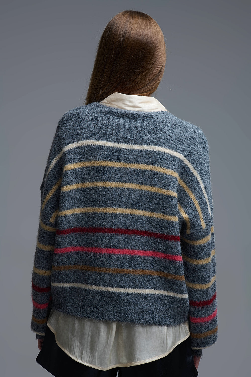 Grey Oversized Multicolor Stripe Sweater
