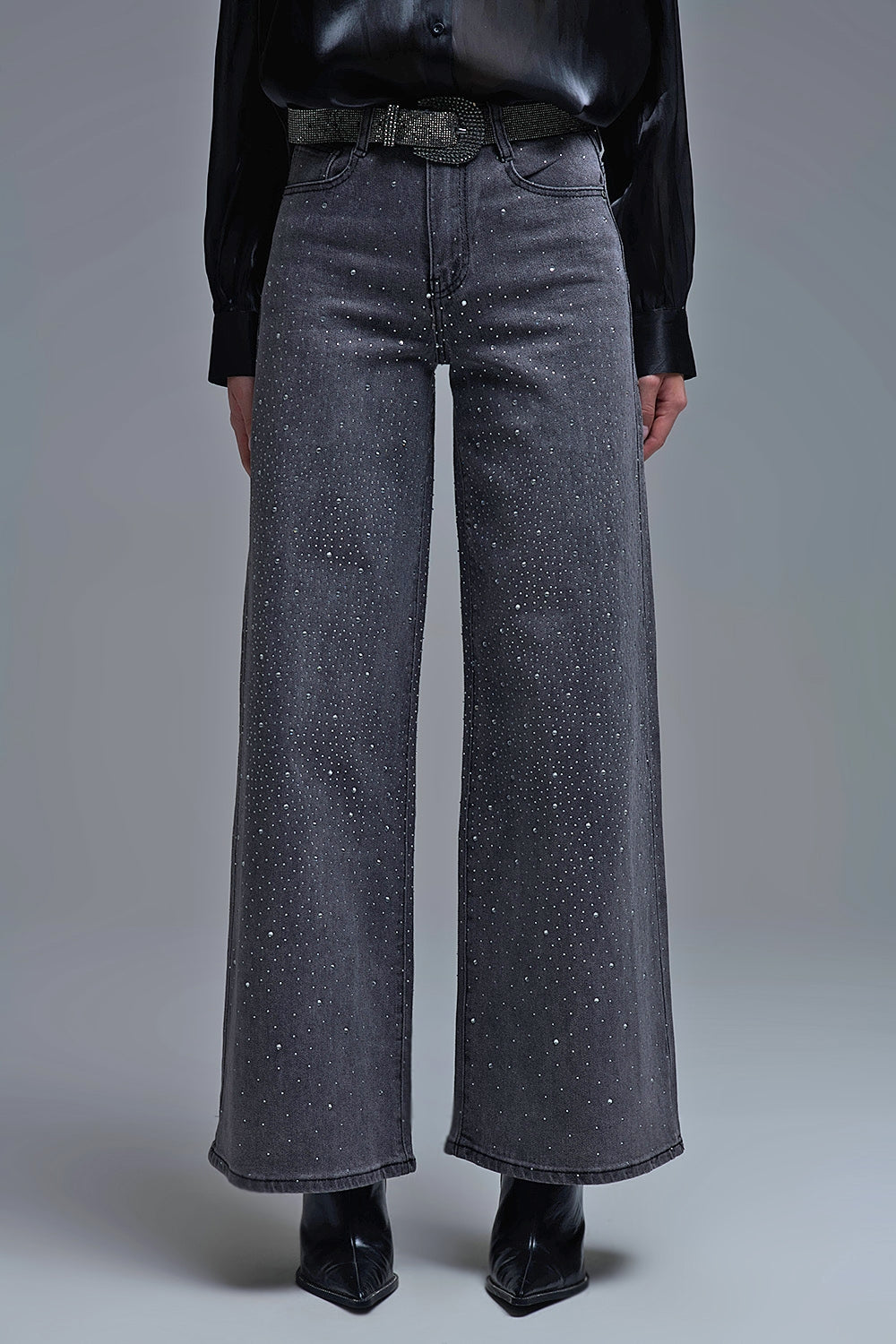 Black Rhinestone Wide-Leg Jeans