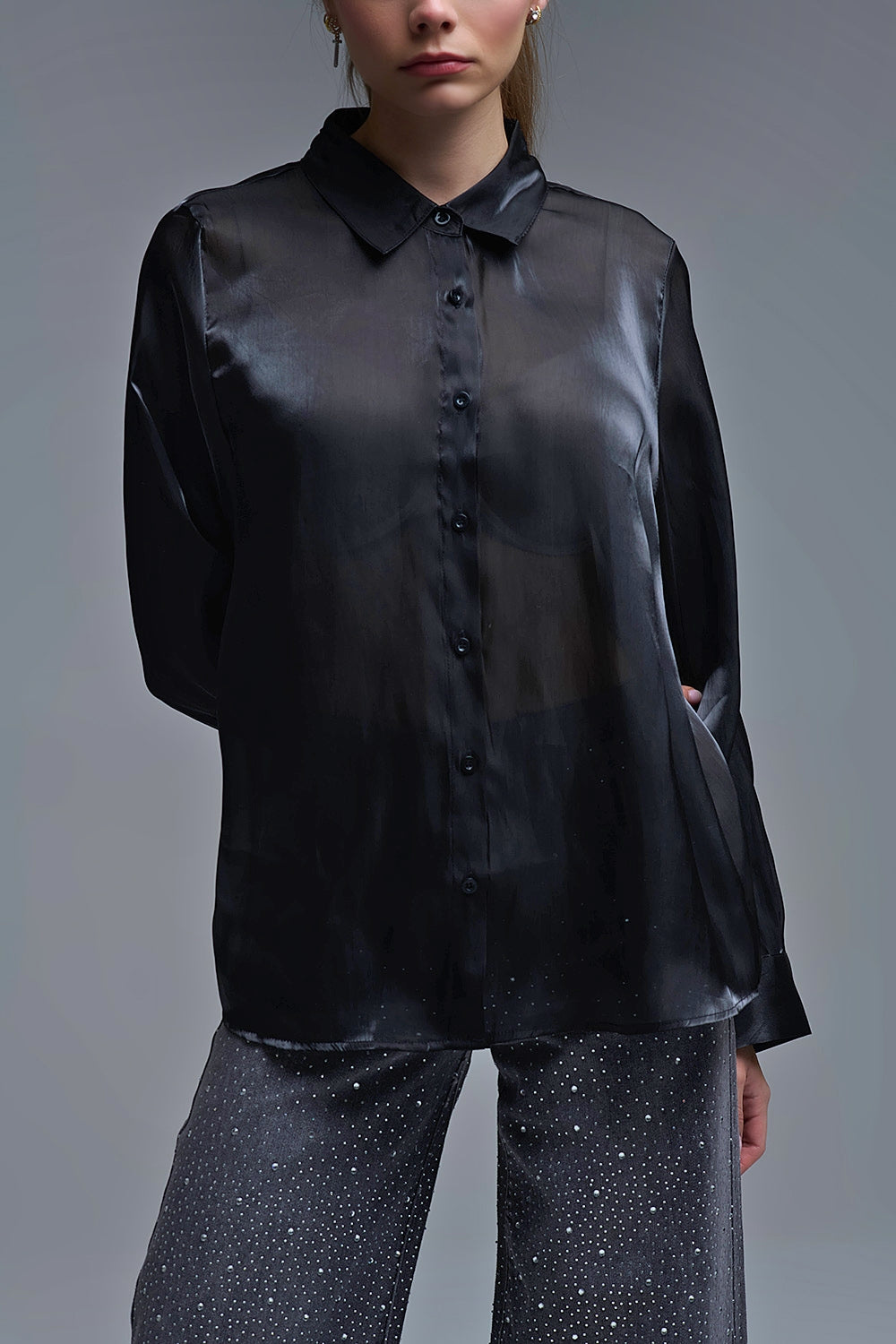 Elegant Black Shirt in Satin Silk