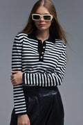 Black & White Striped Long-Sleeve Polo