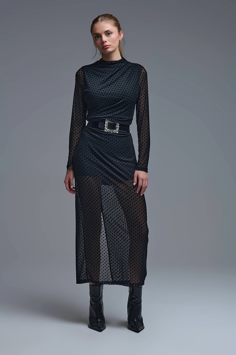 UNIKCOSA Chic Black Sheer Polka Dot Midi Dress