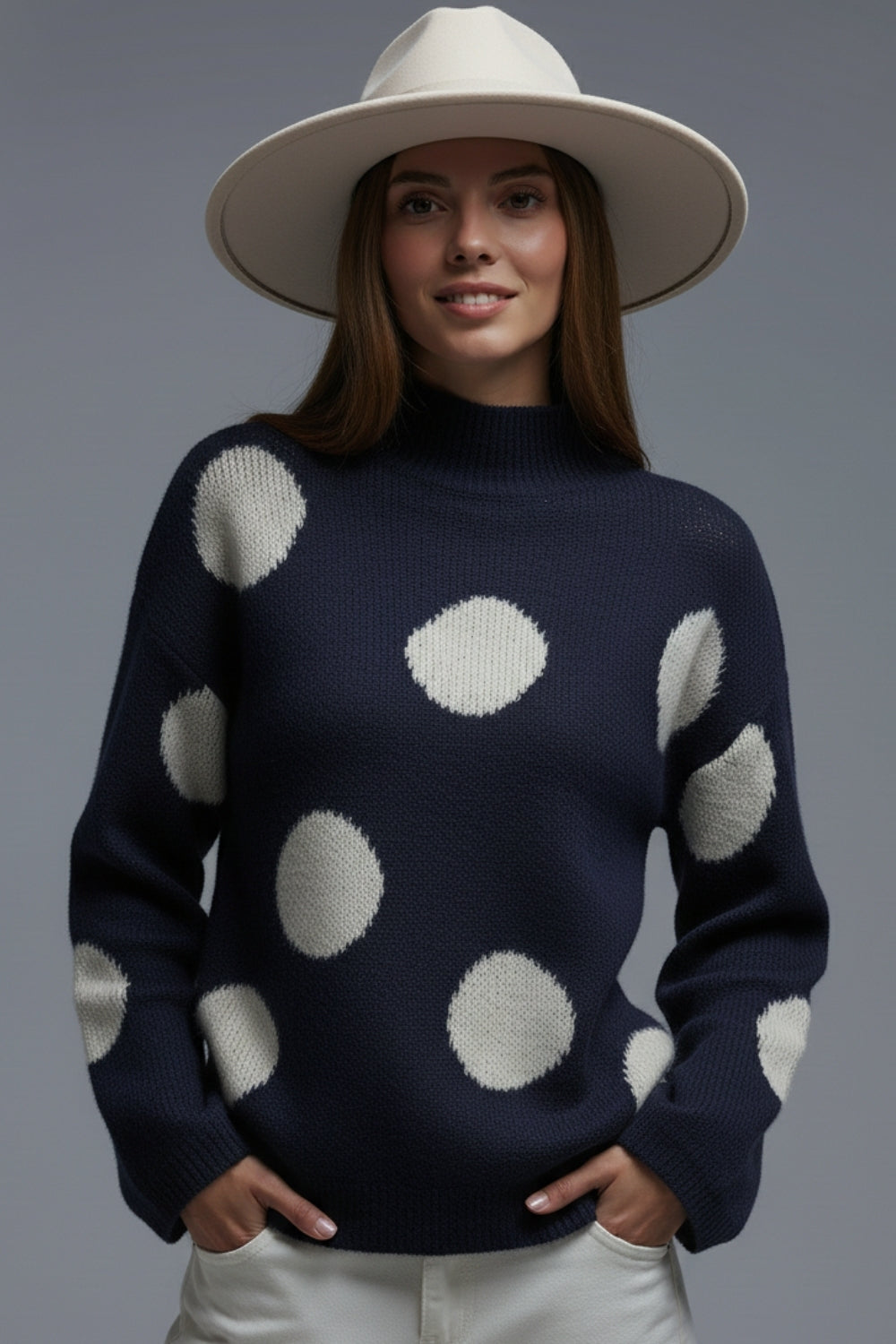 High-Neck Polka Dot Sweater With Bell Sleeves in navy