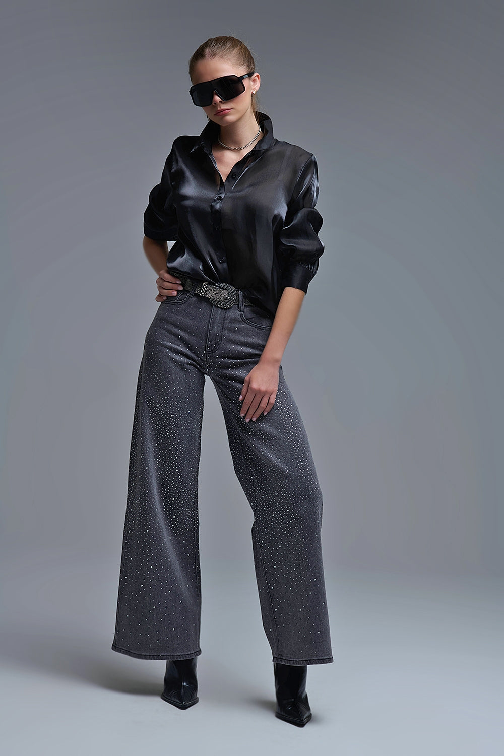 Black Rhinestone Wide-Leg Jeans