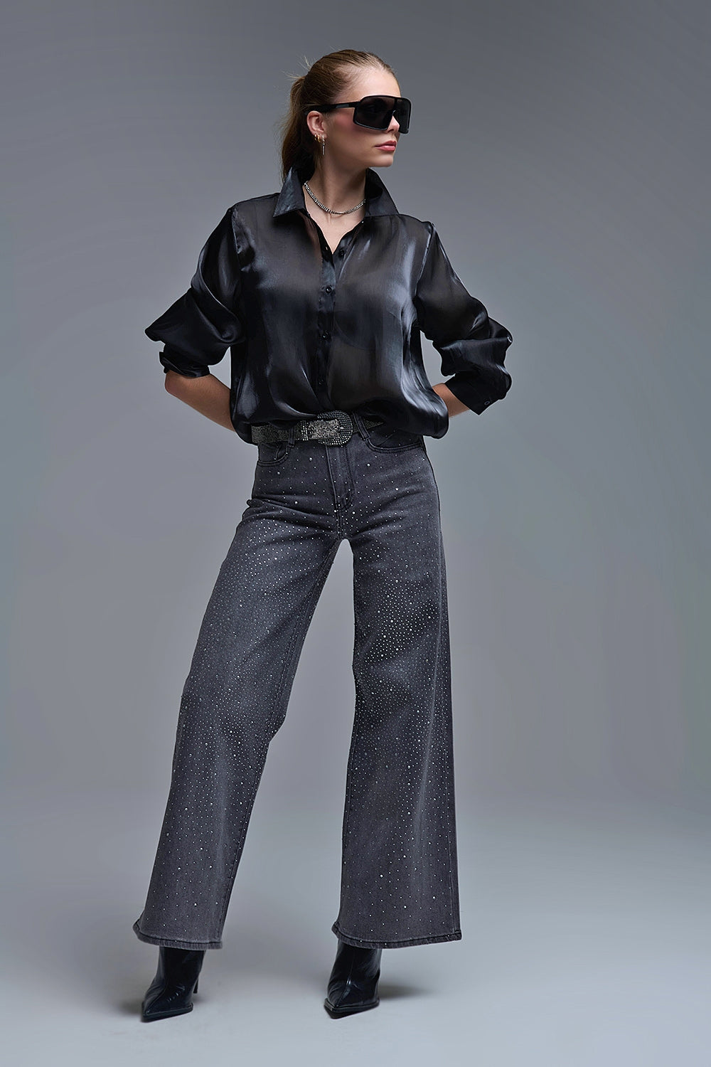 Black Rhinestone Wide-Leg Jeans