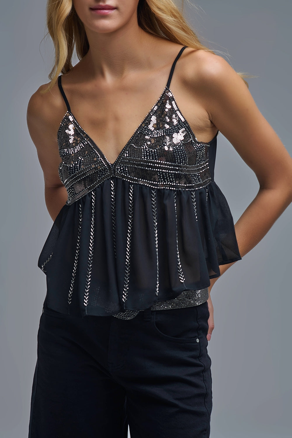 Embellished Sequin Camisole Top in black
