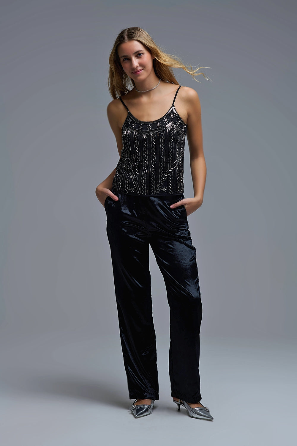 vintage Embroidered Sequin Cami Top in black