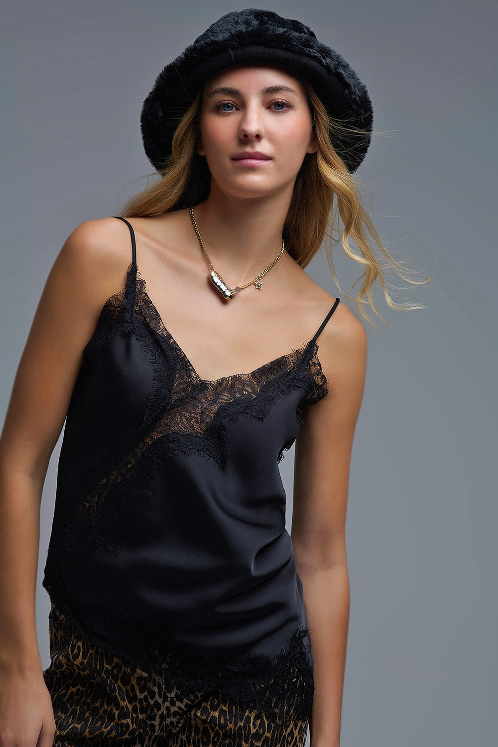 asymmetrical Satin Top in black with Laced Design