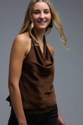 Brown Satin Halter Top with Draped Neckline