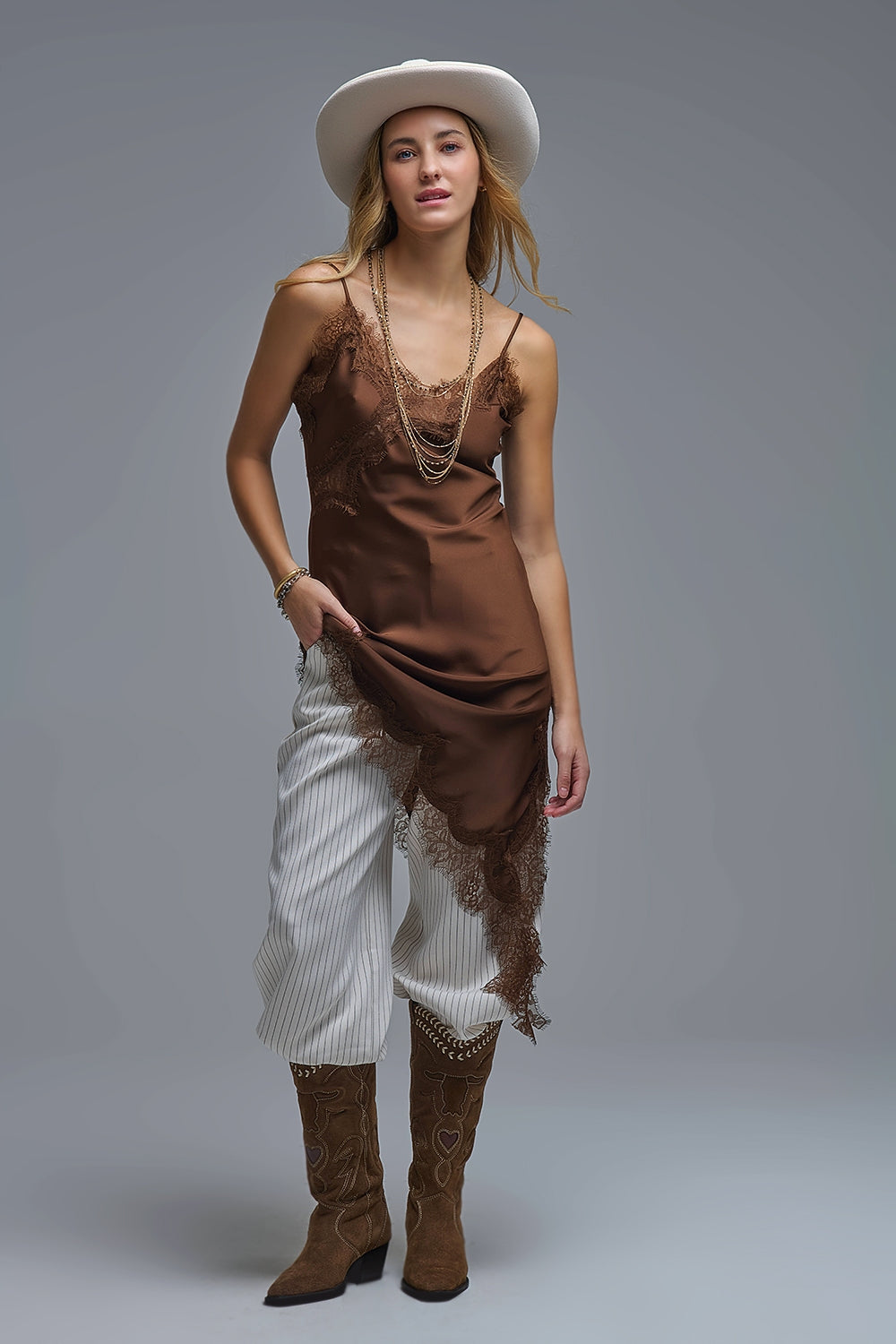UNIKCOSA Asymetrical Satin Lace Dress in brown