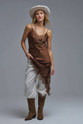 UNIKCOSA Asymetrical Satin Lace Dress in brown