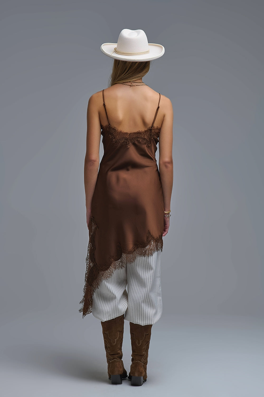 UNIKCOSA Asymetrical Satin Lace Dress in brown