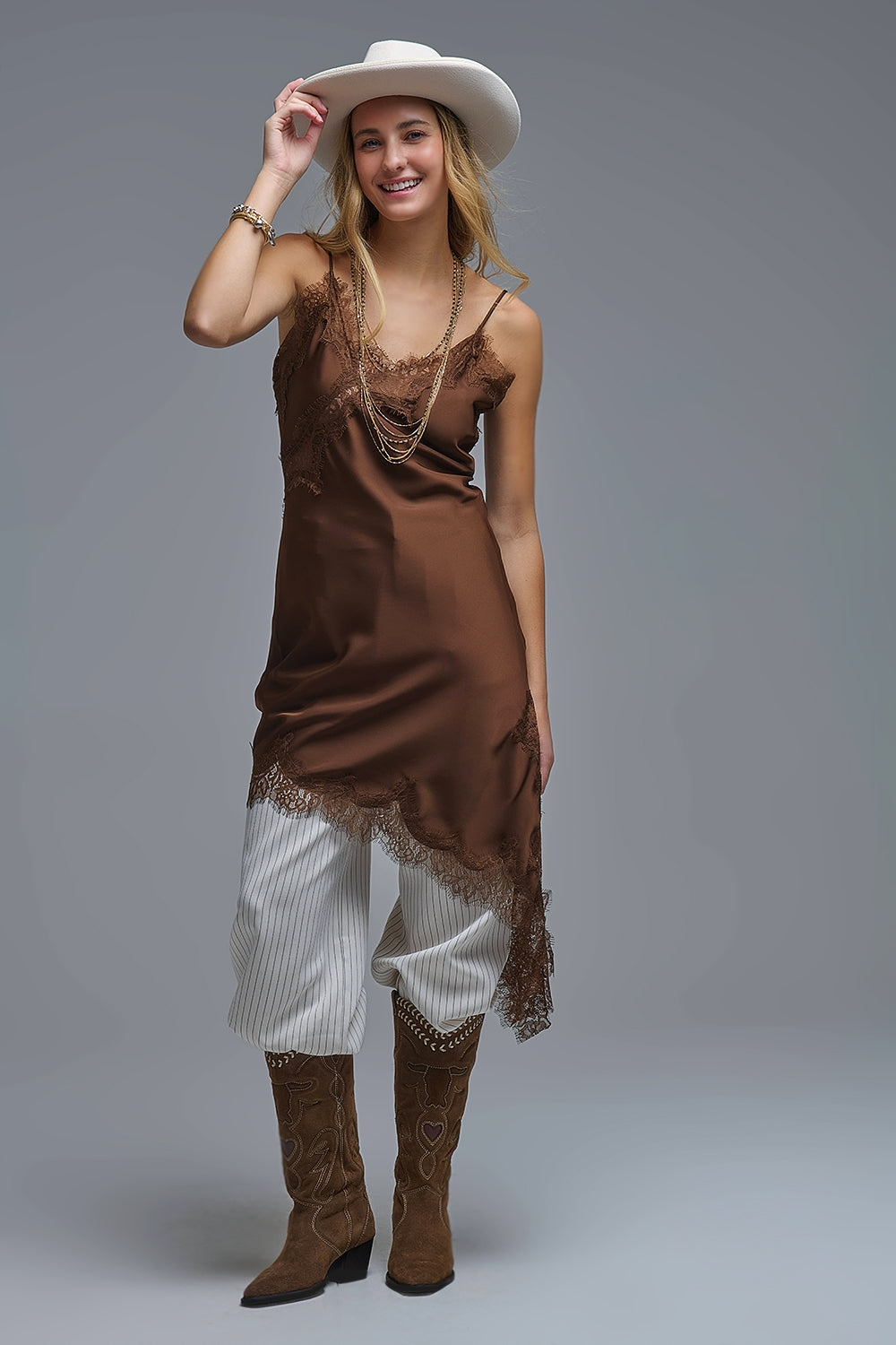 UNIKCOSA Asymetrical Satin Lace Dress in brown