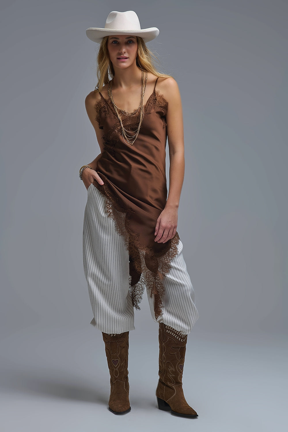 UNIKCOSA Asymetrical Satin Lace Dress in brown