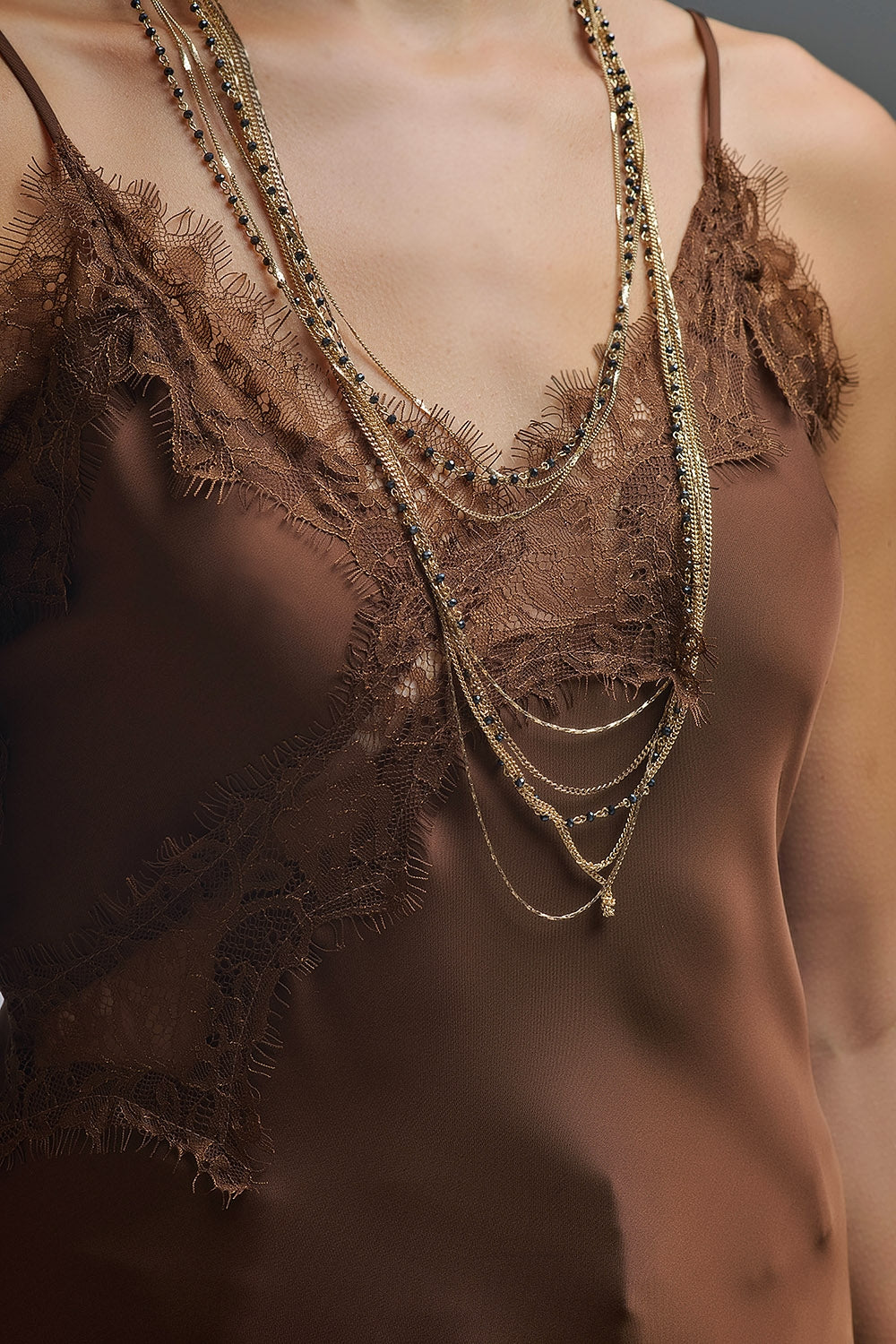 UNIKCOSA Asymetrical Satin Lace Dress in brown