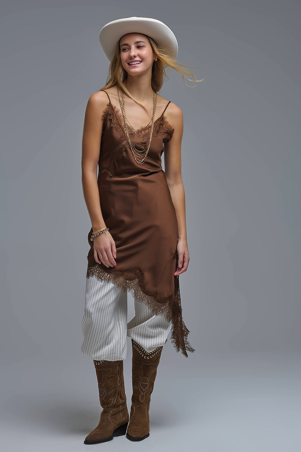 UNIKCOSA Asymetrical Satin Lace Dress in brown